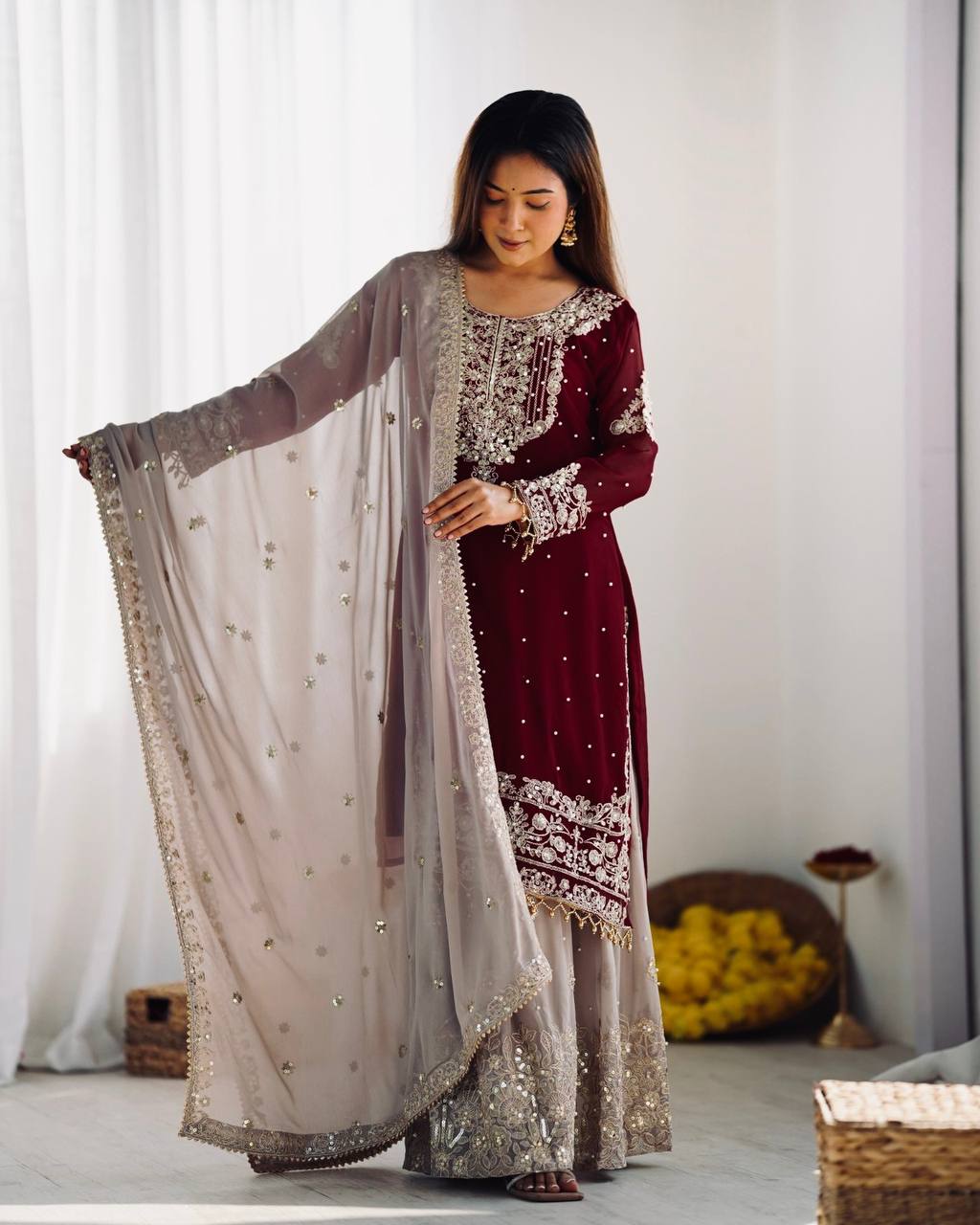 Crimson Royal Zari Embroidered Sharara Set - Drapes Dress
