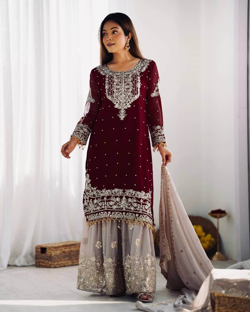 Crimson Royal Zari Embroidered Sharara Set - Drapes Dress