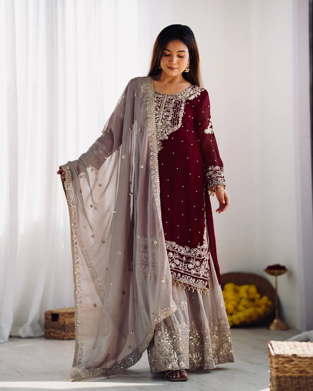Crimson Royal Zari Embroidered Sharara Set - Drapes Dress