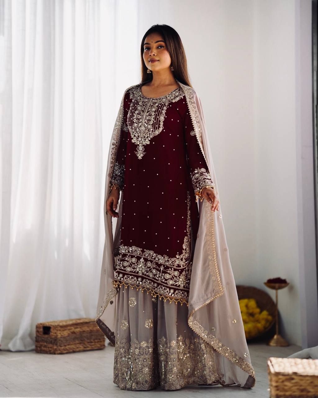 Crimson Royal Zari Embroidered Sharara Set - Drapes Dress