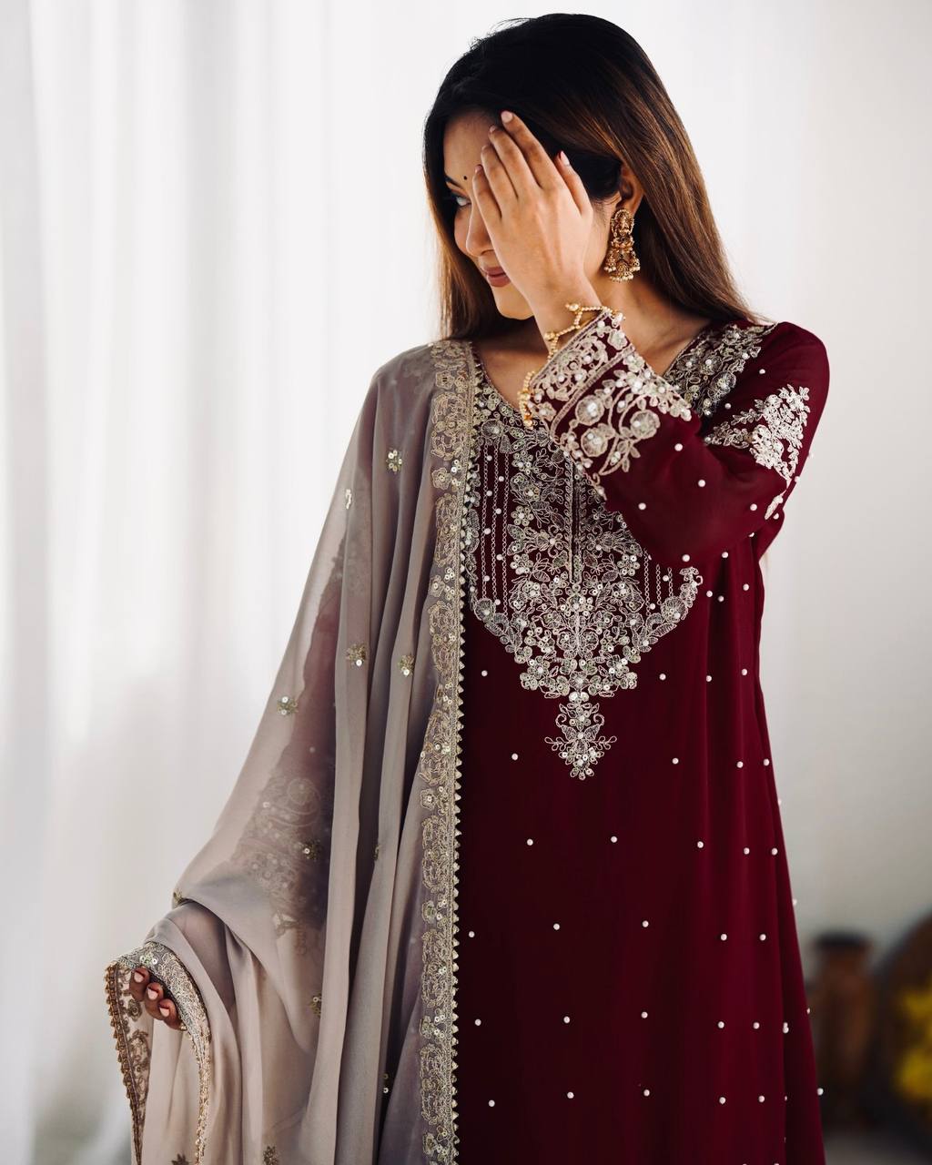 Crimson Royal Zari Embroidered Sharara Set - Drapes Dress