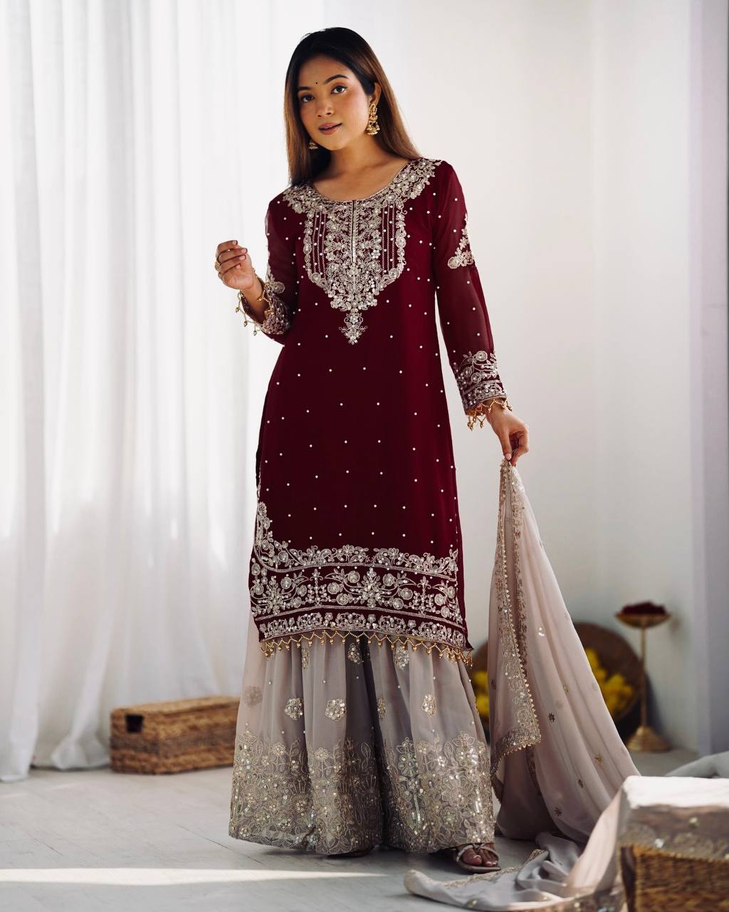 Crimson Royal Zari Embroidered Sharara Set - Drapes Dress