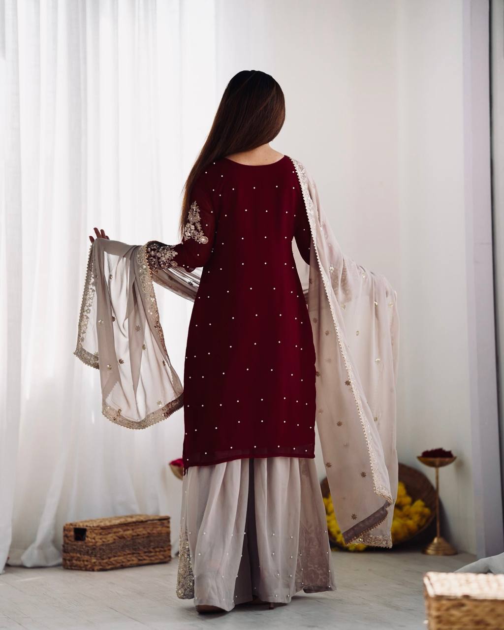 Crimson Royal Zari Embroidered Sharara Set - Drapes Dress