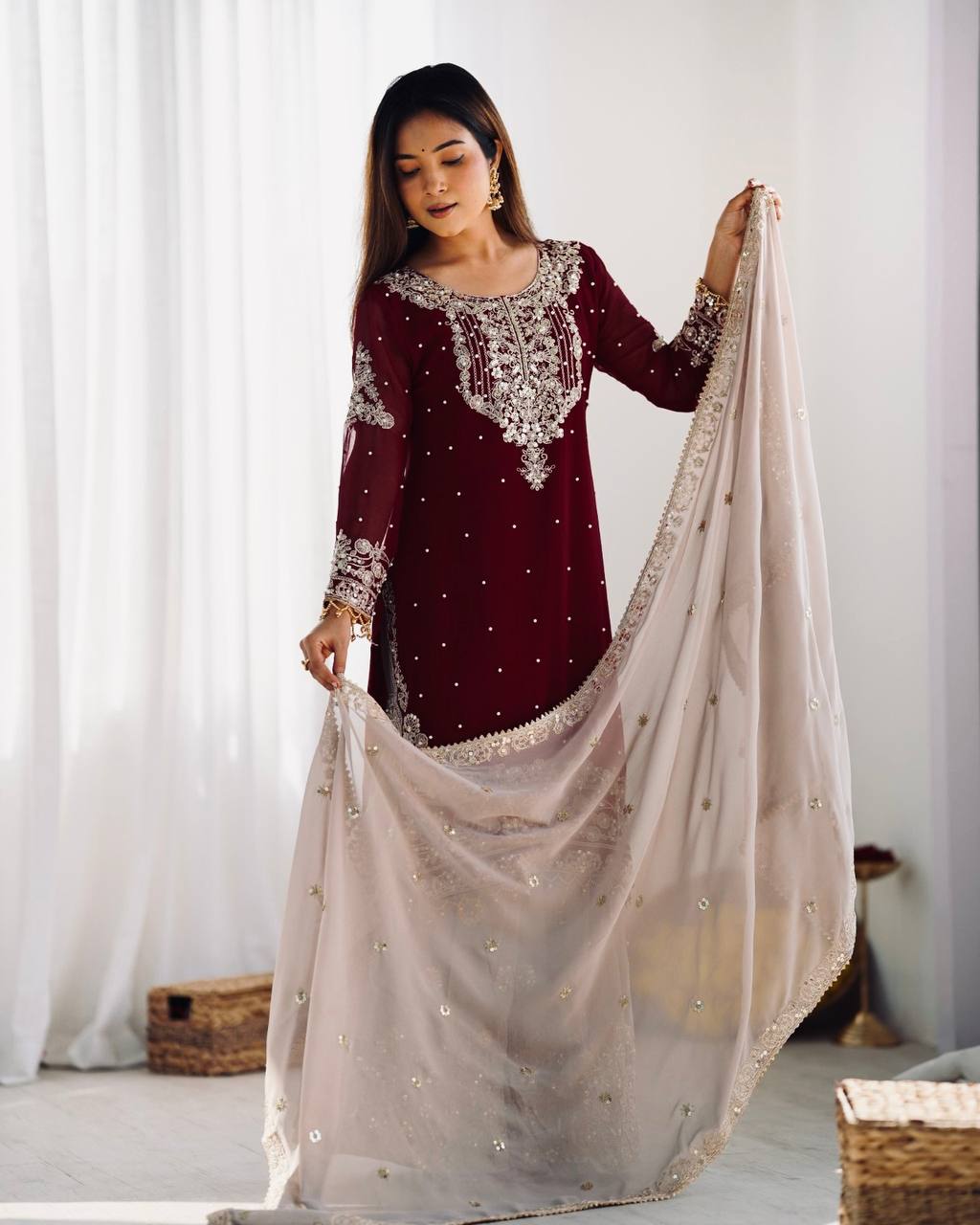 Crimson Royal Zari Embroidered Sharara Set - Drapes Dress