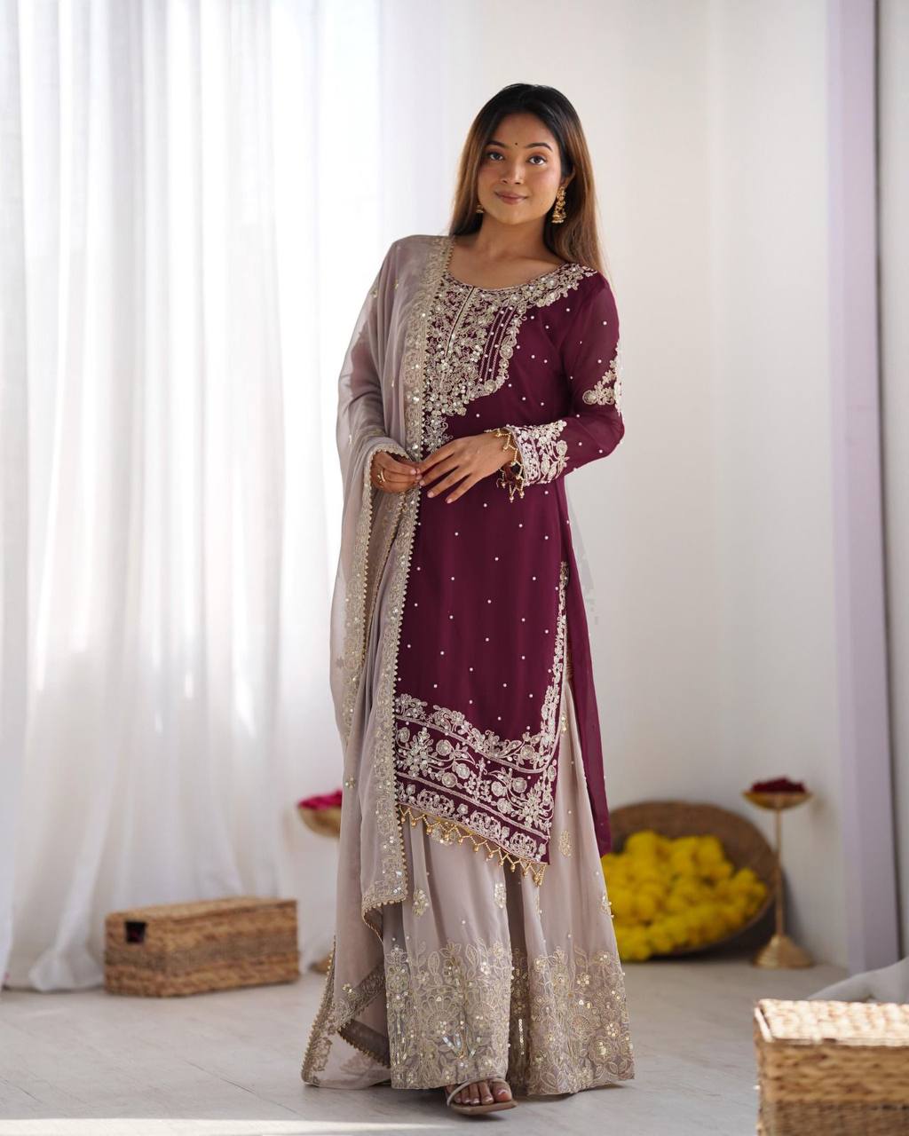 Crimson Royal Zari Embroidered Sharara Set - Drapes Dress