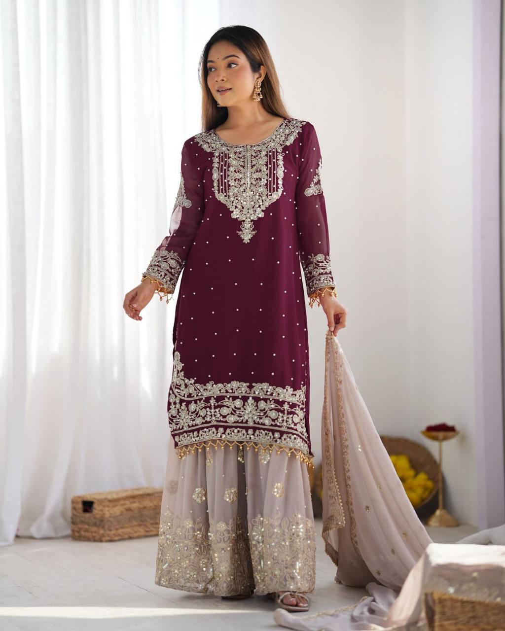 Crimson Royal Zari Embroidered Sharara Set - Drapes Dress