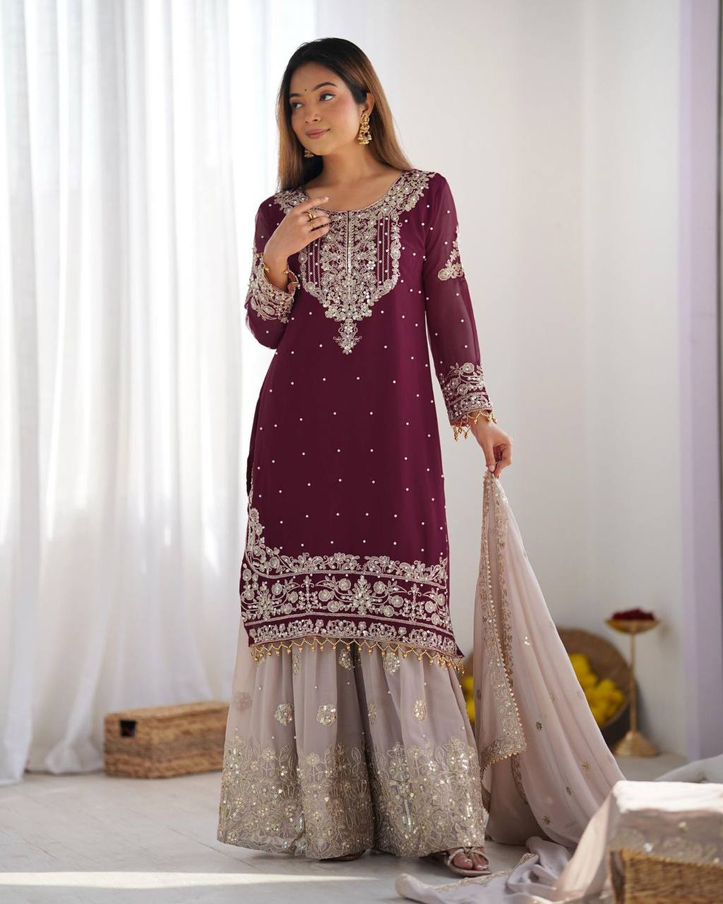 Crimson Royal Zari Embroidered Sharara Set - Drapes Dress
