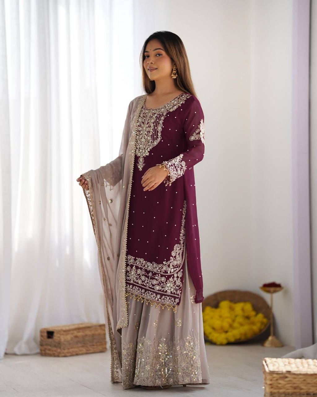 Crimson Royal Zari Embroidered Sharara Set - Drapes Dress