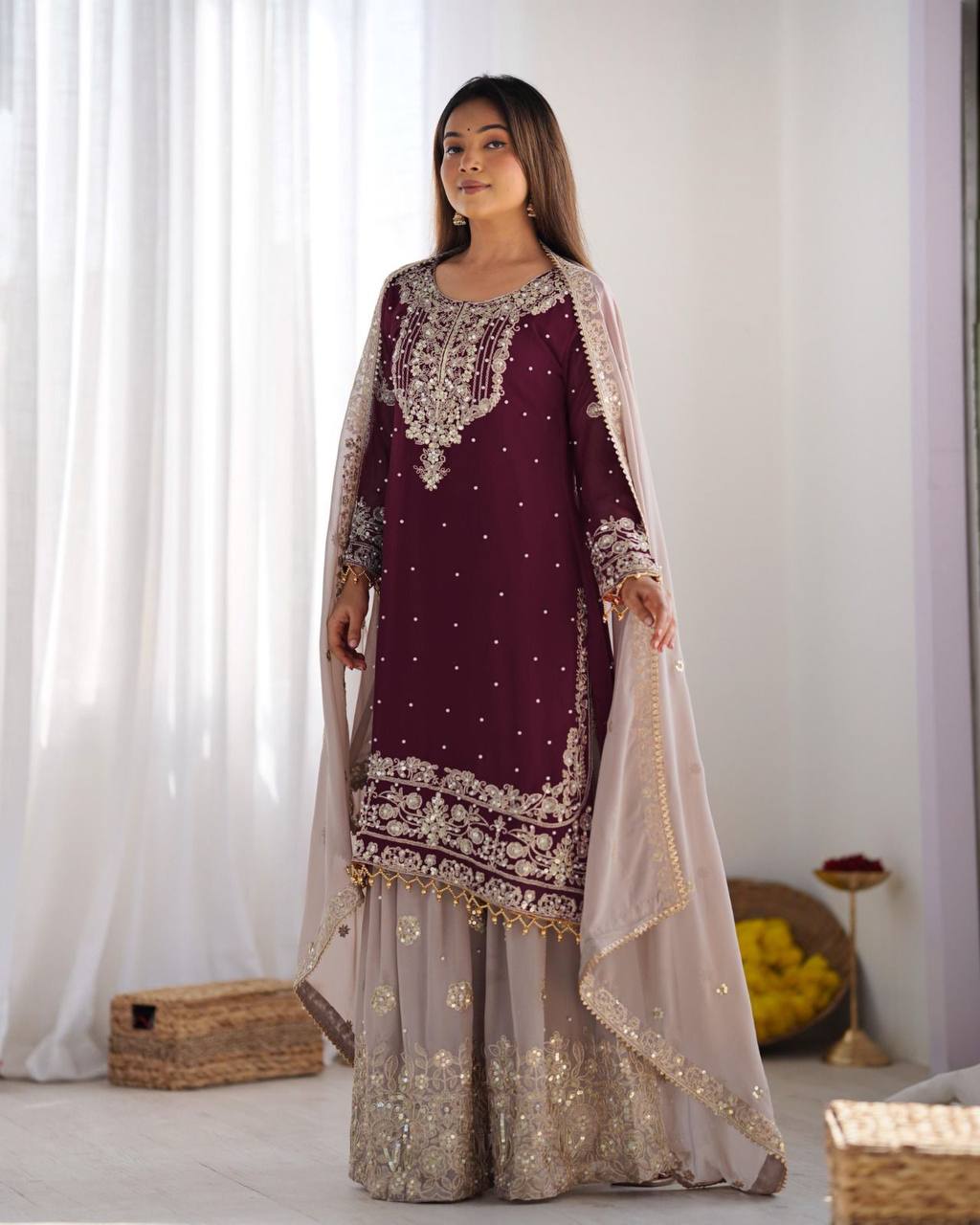 Crimson Royal Zari Embroidered Sharara Set - Drapes Dress