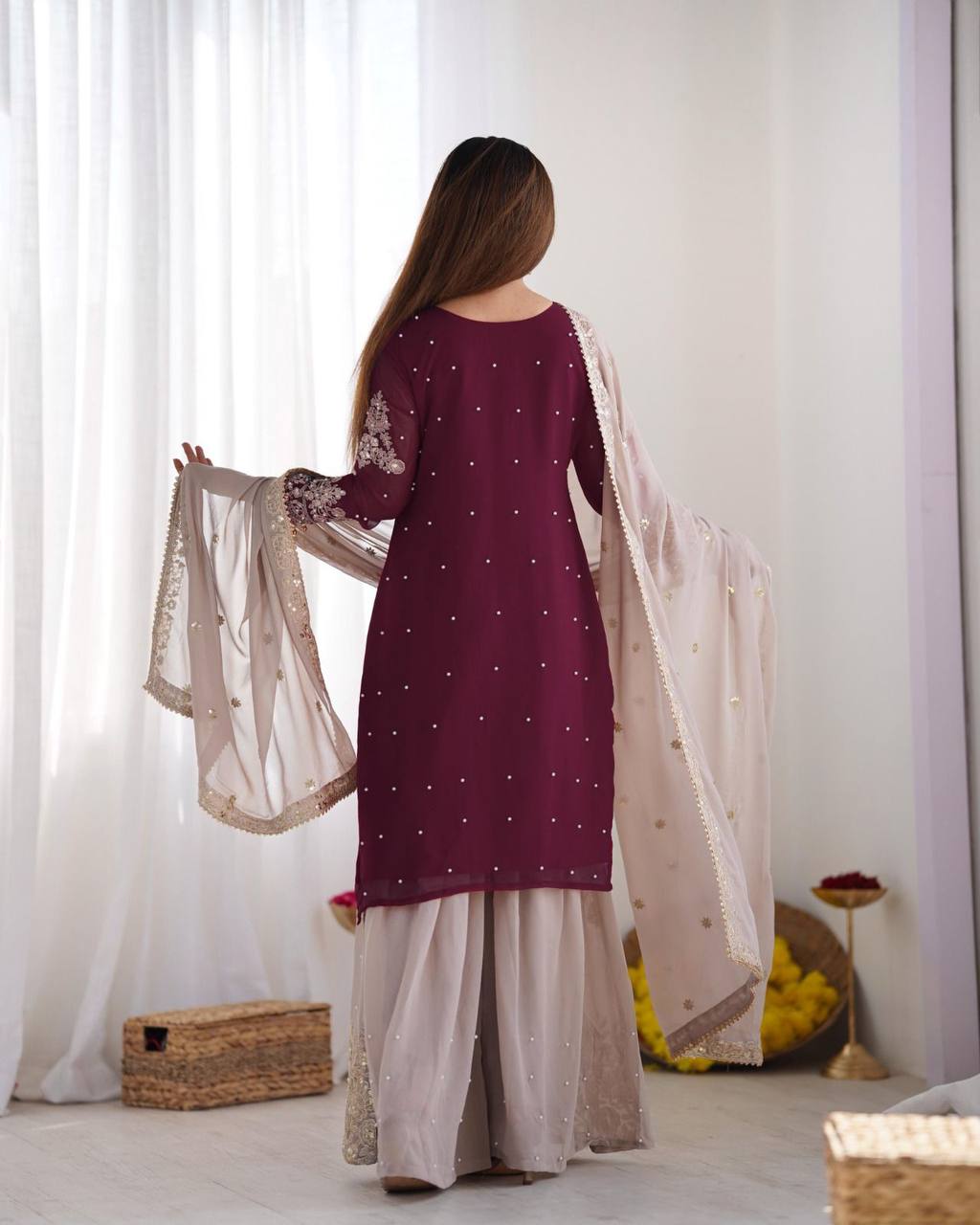 Crimson Royal Zari Embroidered Sharara Set - Drapes Dress