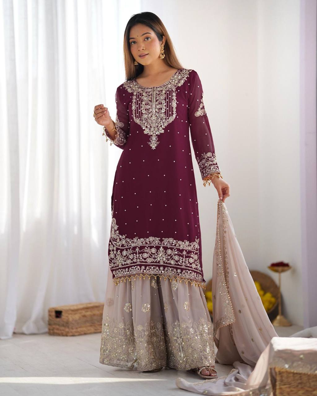 Crimson Royal Zari Embroidered Sharara Set - Drapes Dress