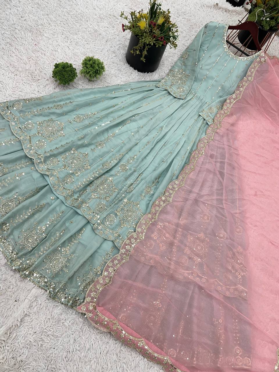 Pastel Mint Golden Anarkali Gown Set - Drapes Dress