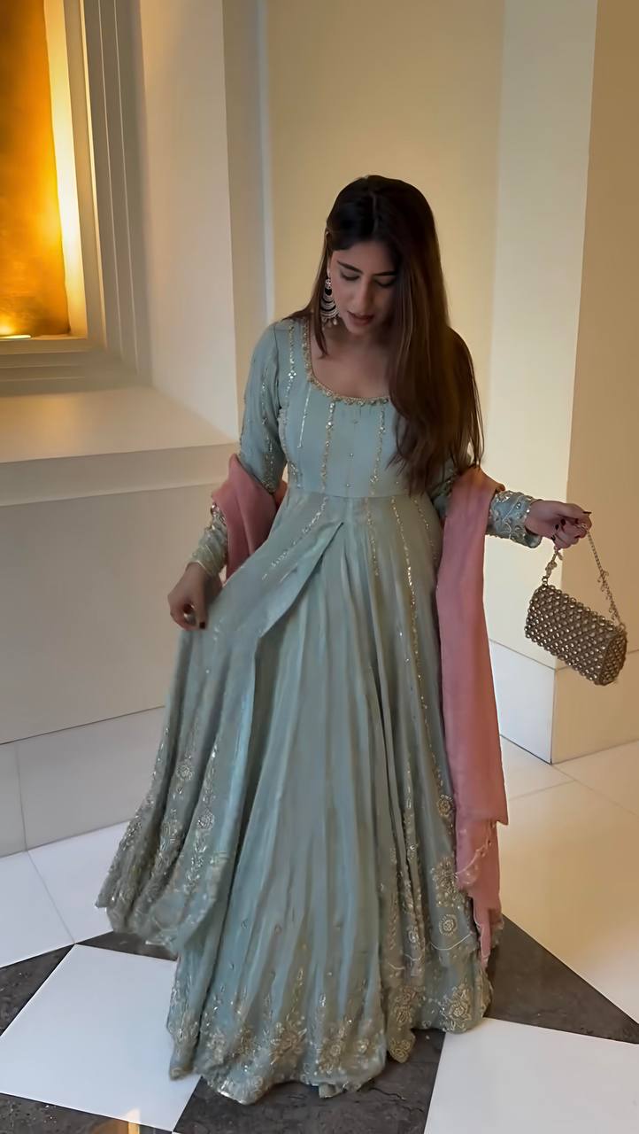 Pastel Mint Golden Anarkali Gown Set - Drapes Dress