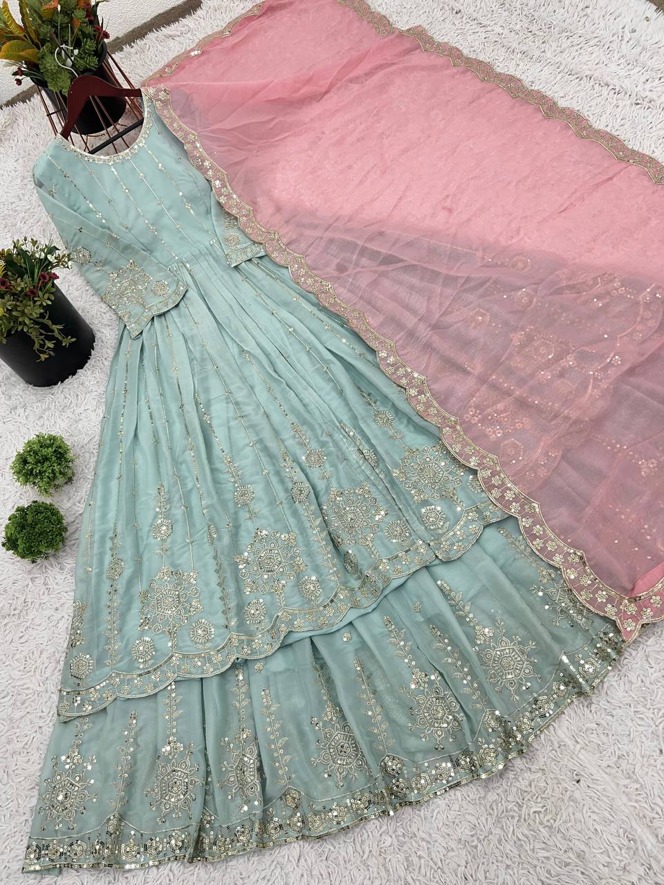 Pastel Mint Golden Anarkali Gown Set - Drapes Dress