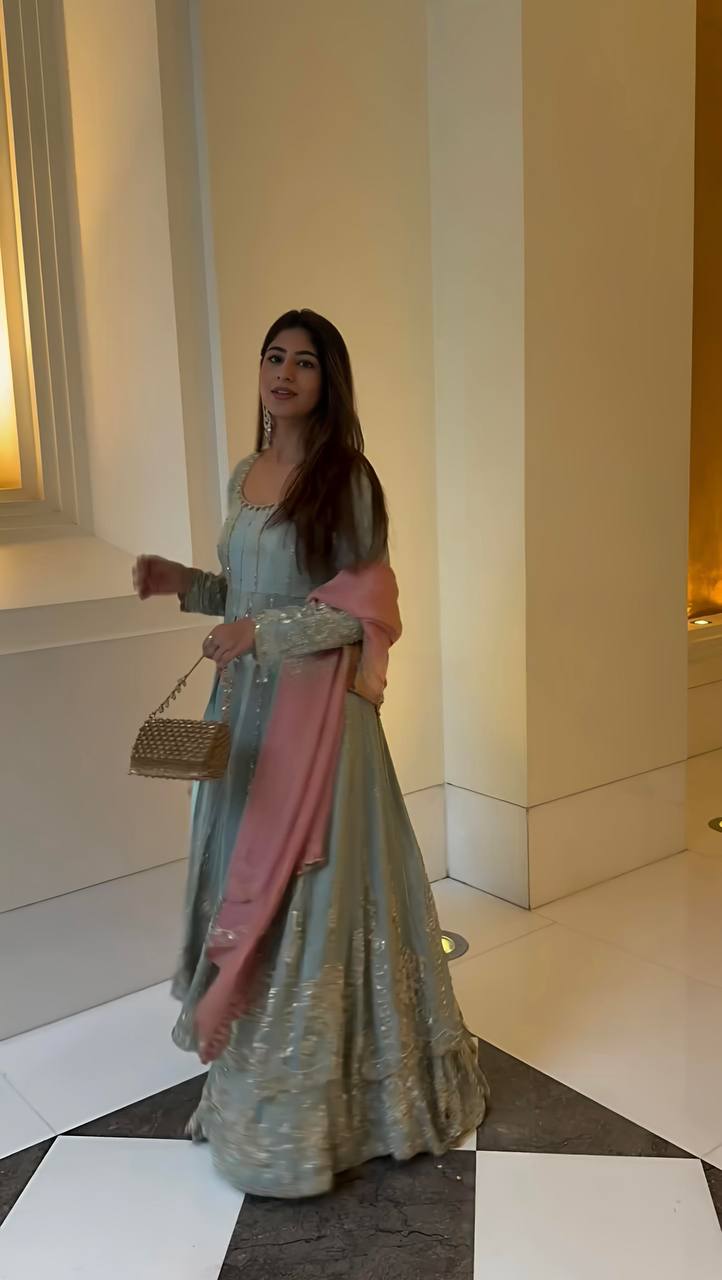 Pastel Mint Golden Anarkali Gown Set - Drapes Dress