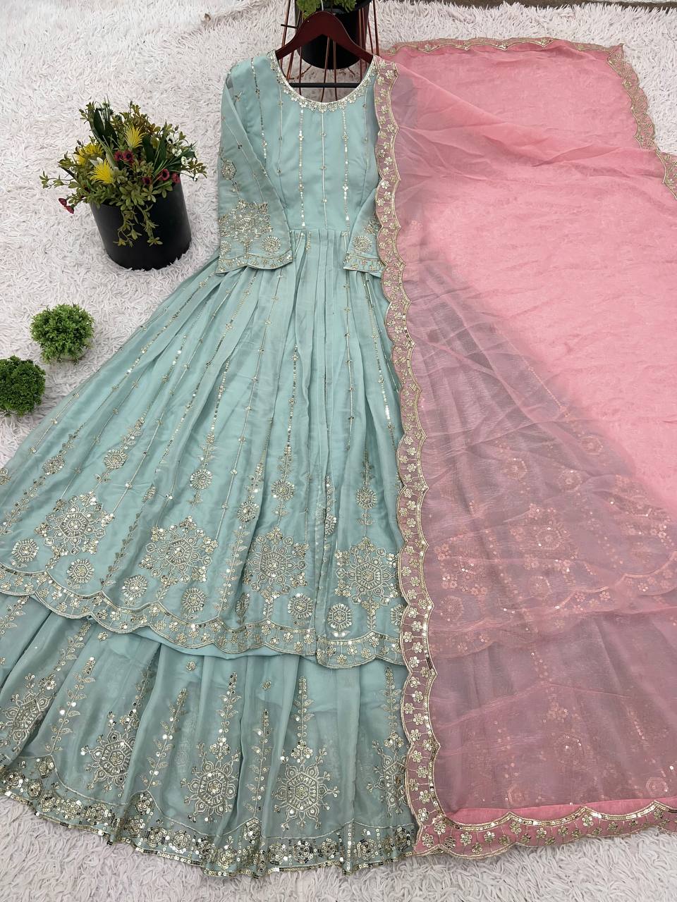 Pastel Mint Golden Anarkali Gown Set - Drapes Dress