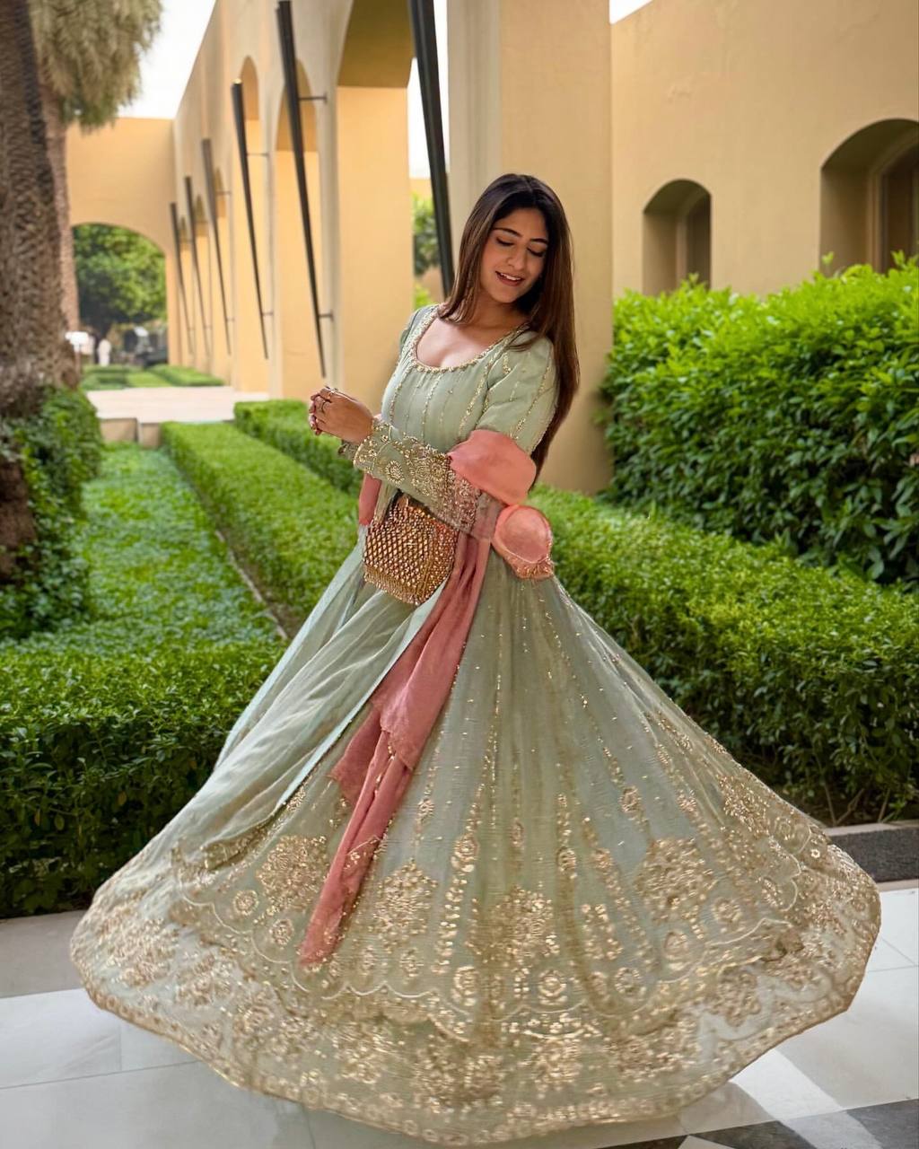 Pastel Mint Golden Anarkali Gown Set - Drapes Dress