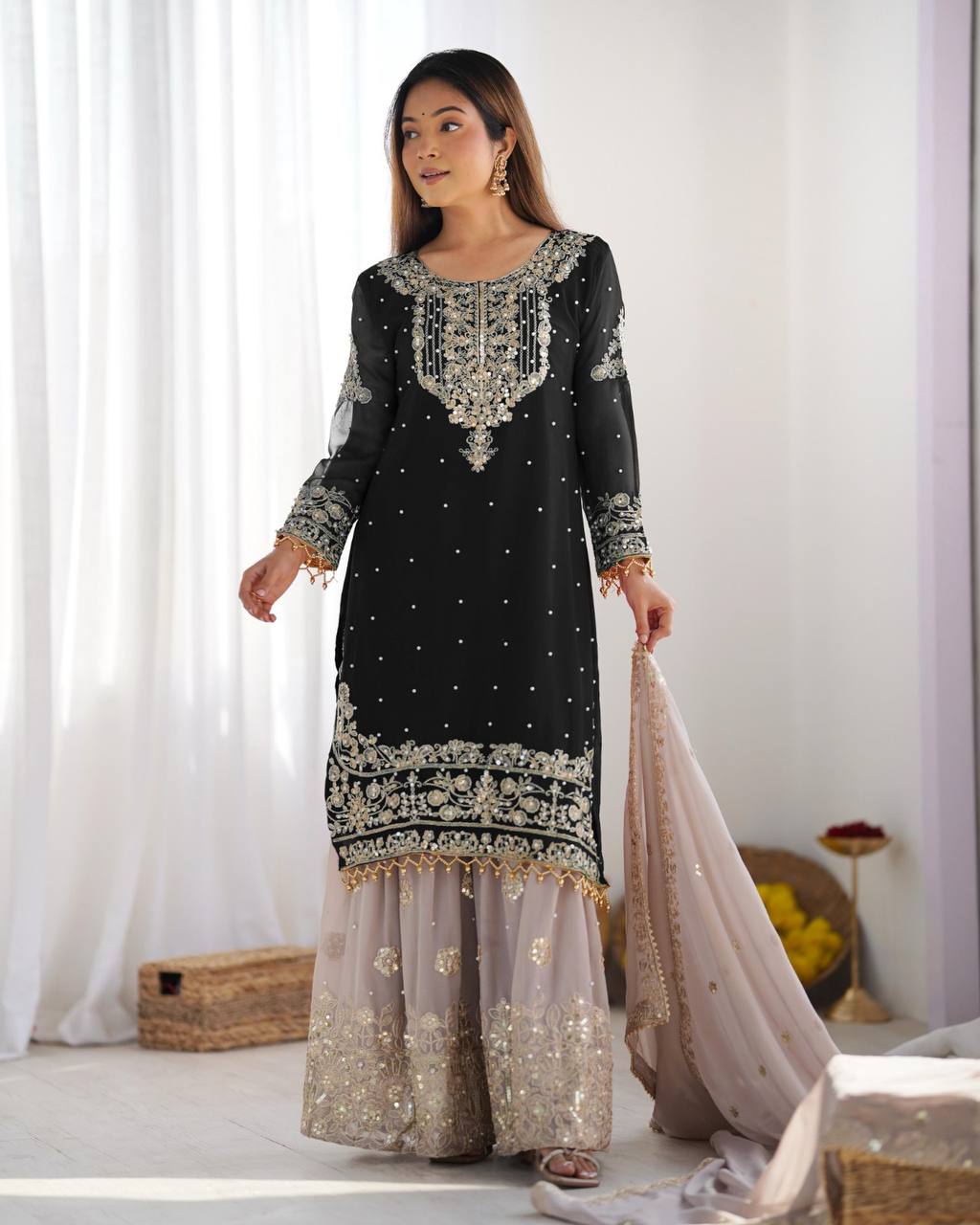 Crimson Royal Zari Embroidered Sharara Set - Drapes Dress