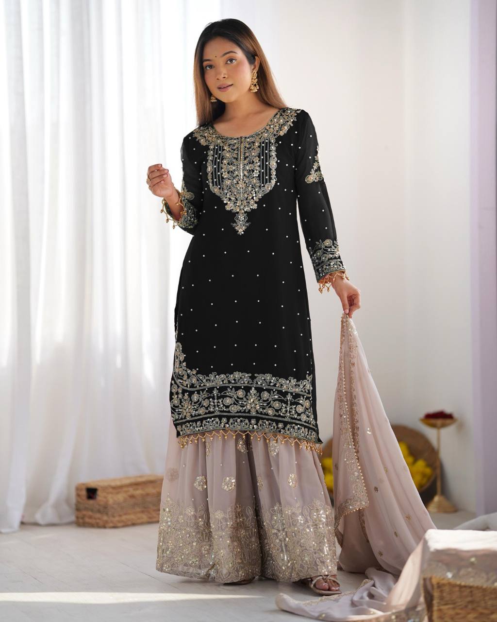 Crimson Royal Zari Embroidered Sharara Set - Drapes Dress