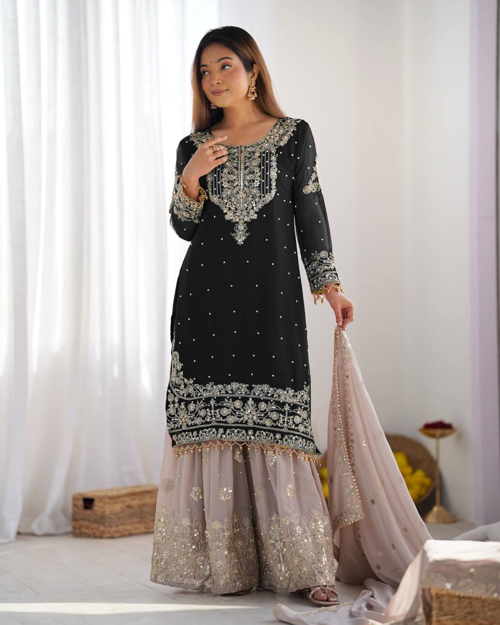 Crimson Royal Zari Embroidered Sharara Set - Drapes Dress