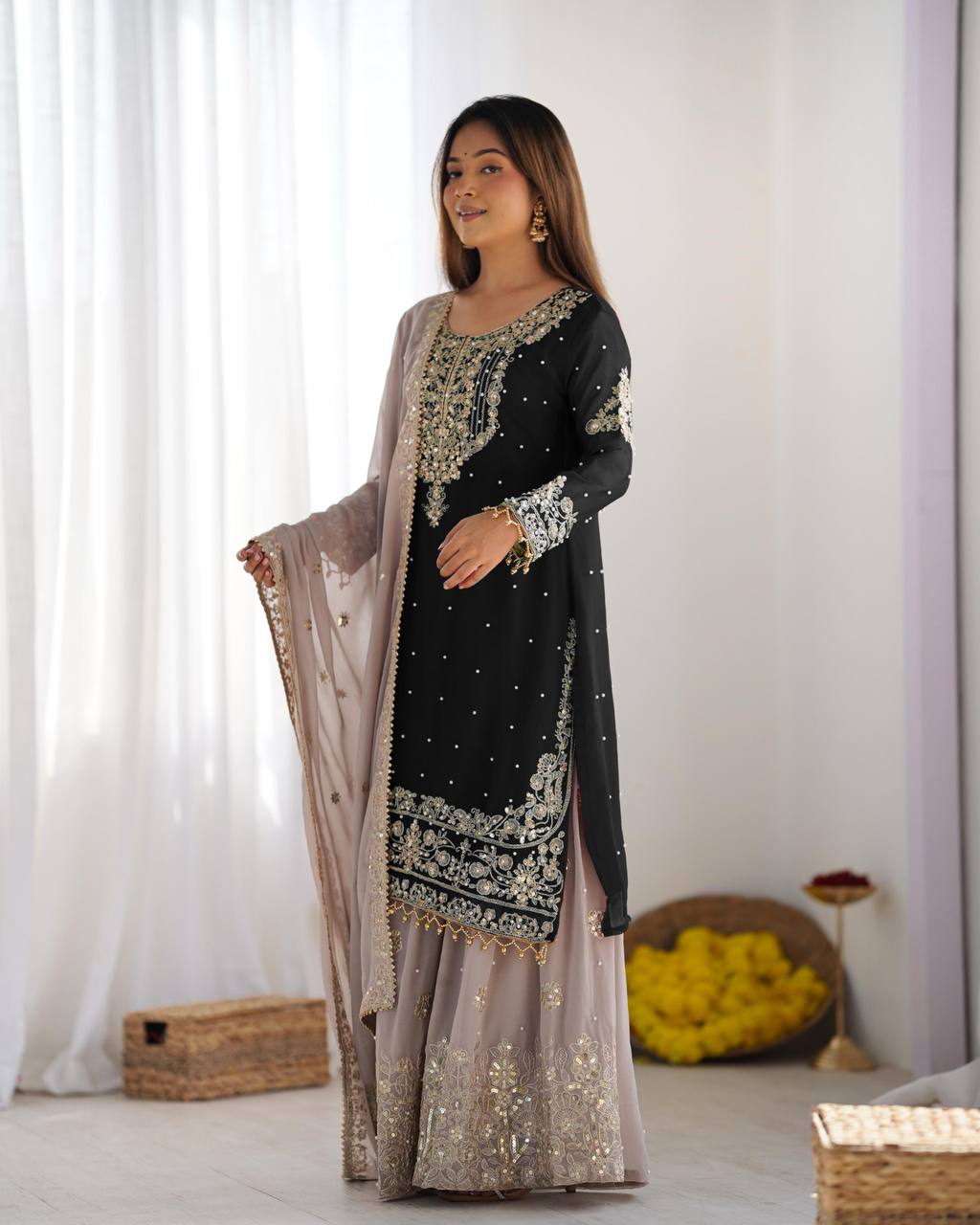 Crimson Royal Zari Embroidered Sharara Set - Drapes Dress