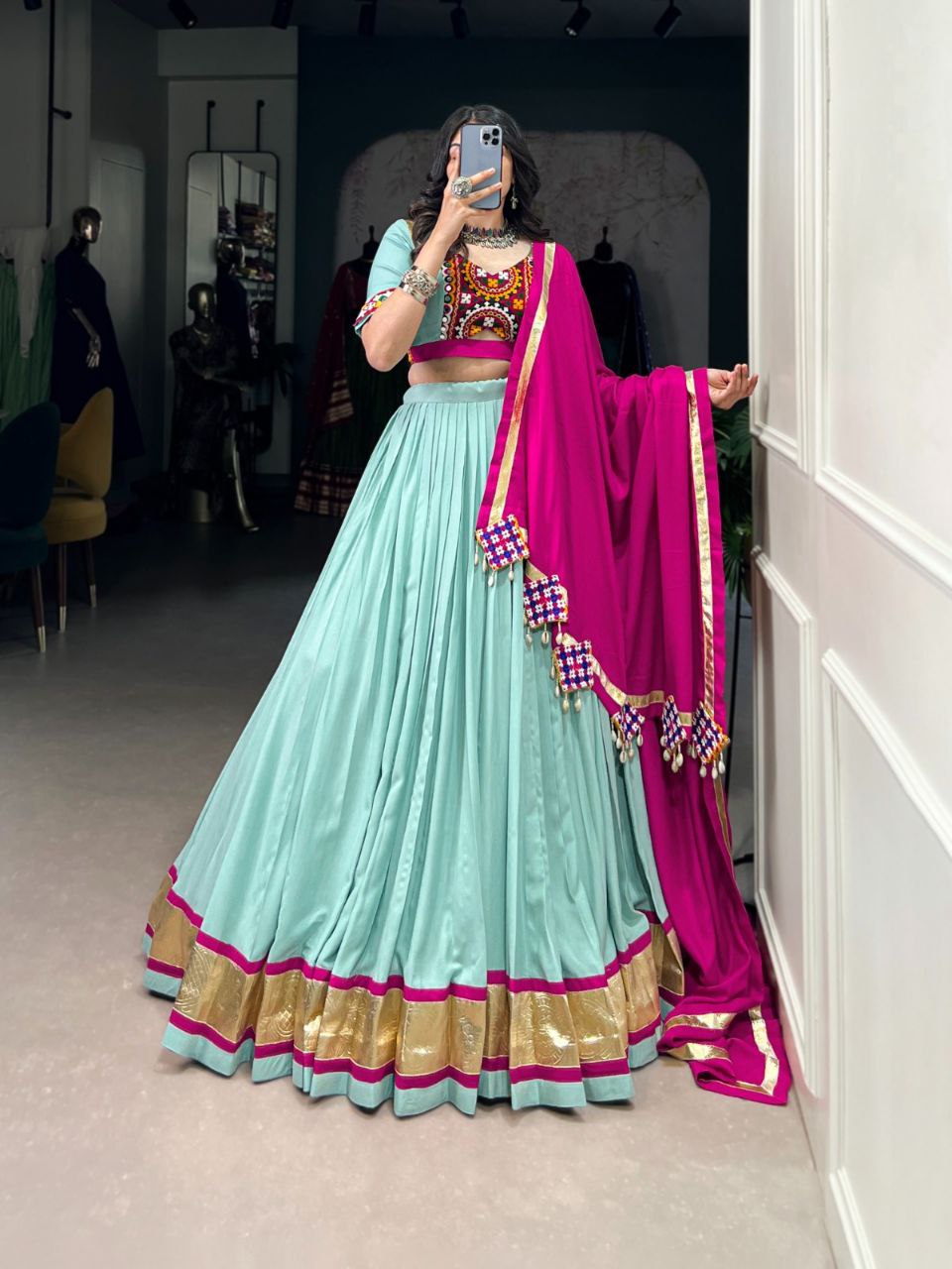 Mint Green Mirror Work Rayon Lehenga Choli with Magenta Dupatta – Navratri Special Garba Outfit