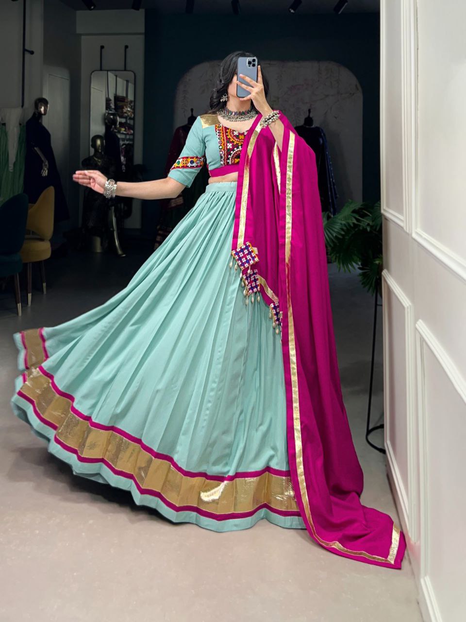 Mint Green Mirror Work Rayon Lehenga Choli with Magenta Dupatta – Navratri Special Garba Outfit
