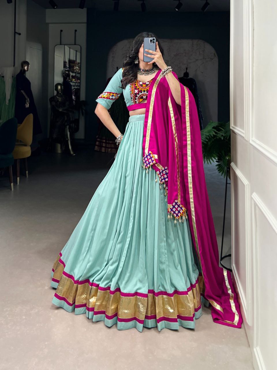Mint Green Mirror Work Rayon Lehenga Choli with Magenta Dupatta – Navratri Special Garba Outfit