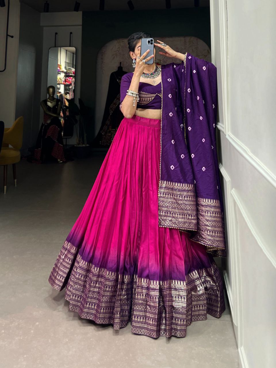 Purple and Rani Pink Bandhani Print Lehenga Choli with Gota Patti Dupatta