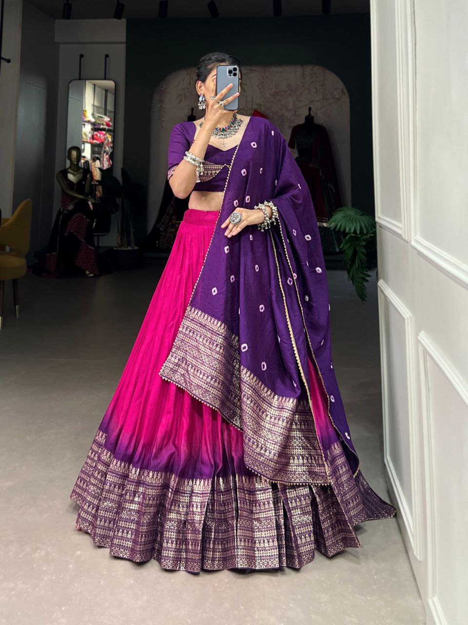 Purple and Rani Pink Bandhani Print Lehenga Choli with Gota Patti Dupatta