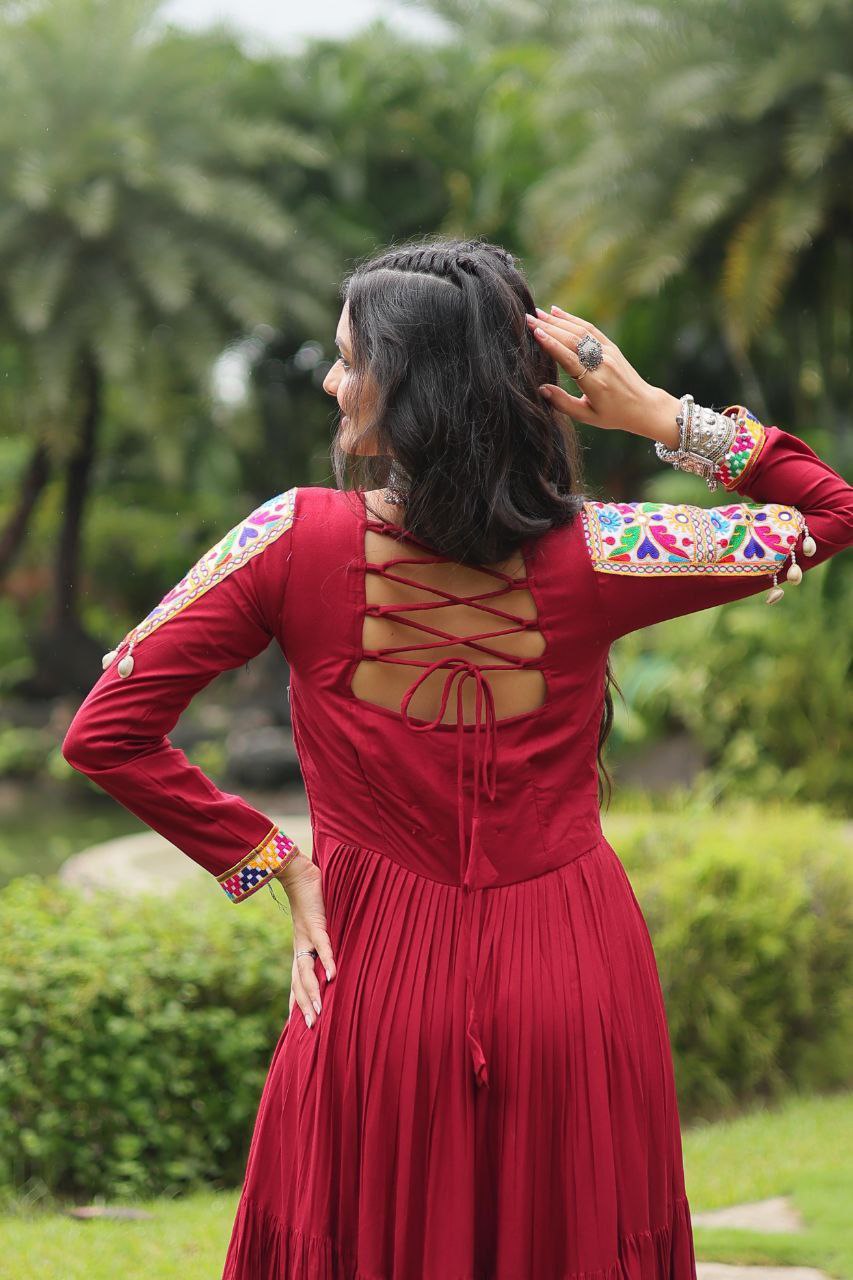 Maroon Mirror Work Rayon Anarkali Gown – Festive Navratri Garba Dress