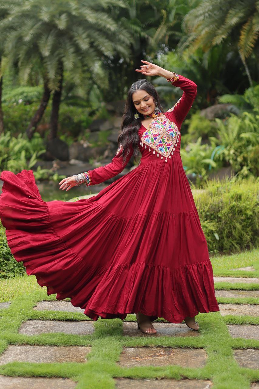 Maroon Mirror Work Rayon Anarkali Gown – Festive Navratri Garba Dress