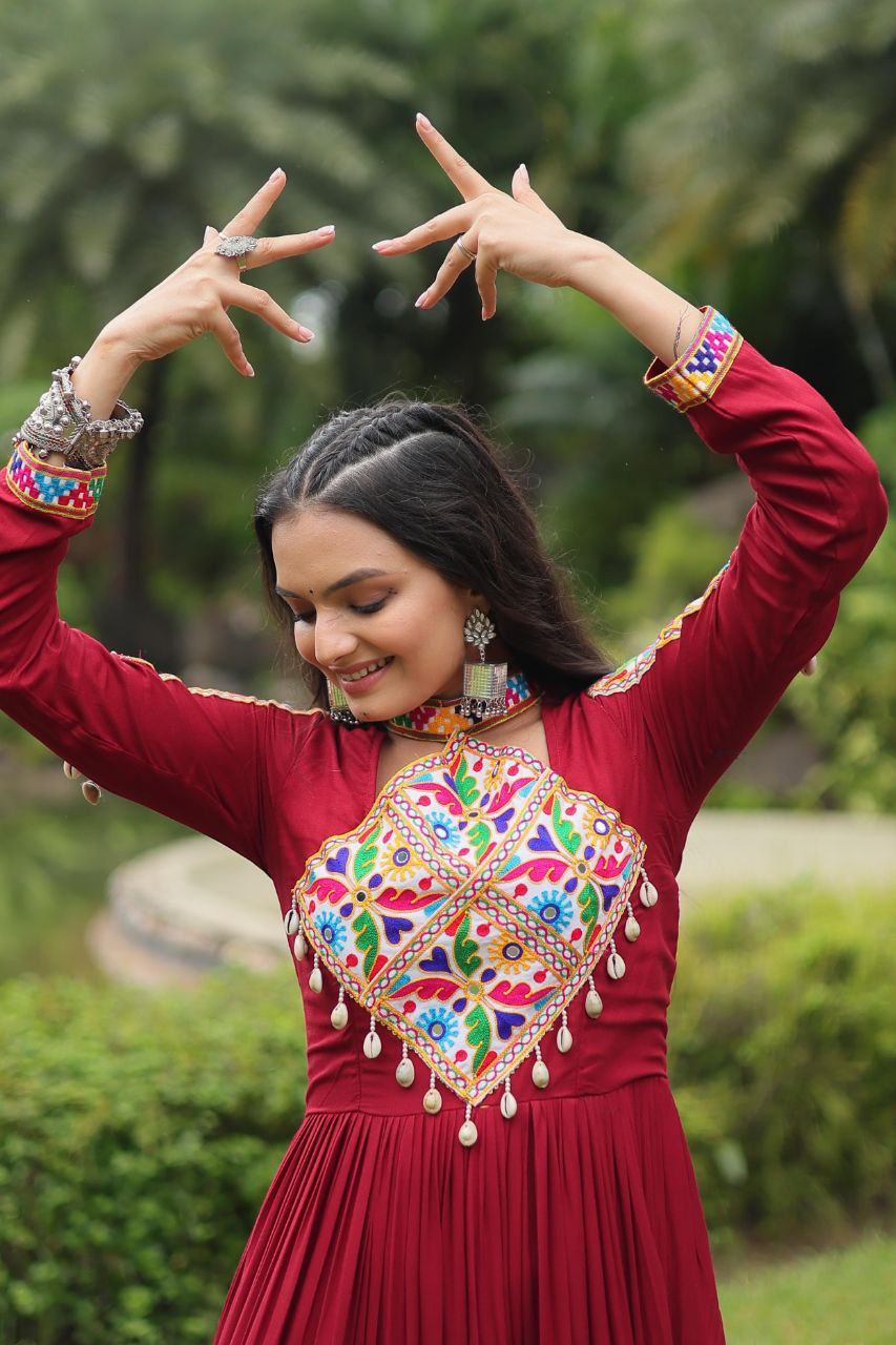 Maroon Mirror Work Rayon Anarkali Gown – Festive Navratri Garba Dress