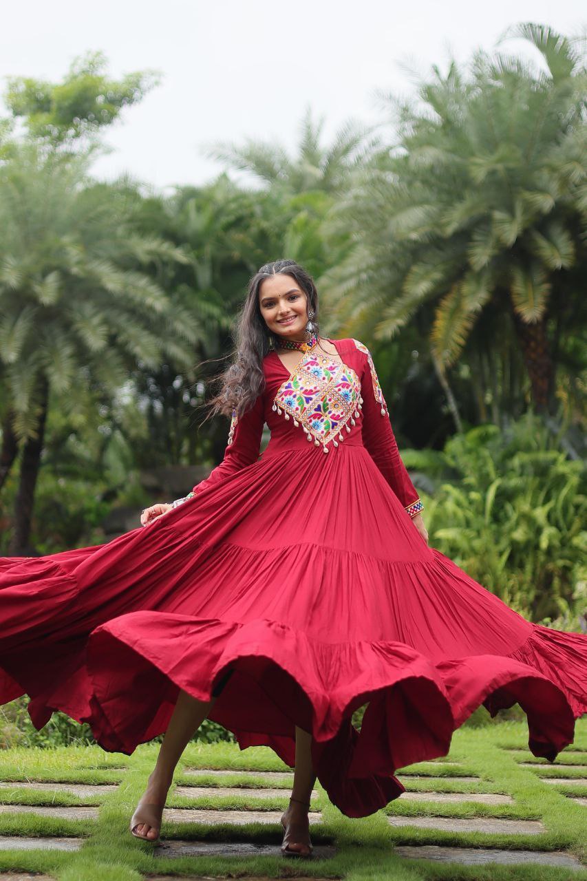 Maroon Mirror Work Rayon Anarkali Gown – Festive Navratri Garba Dress