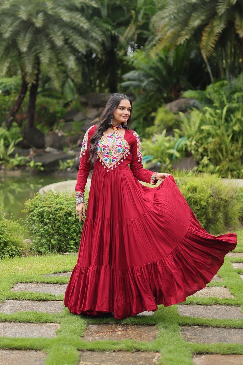Maroon Mirror Work Rayon Anarkali Gown – Festive Navratri Garba Dress