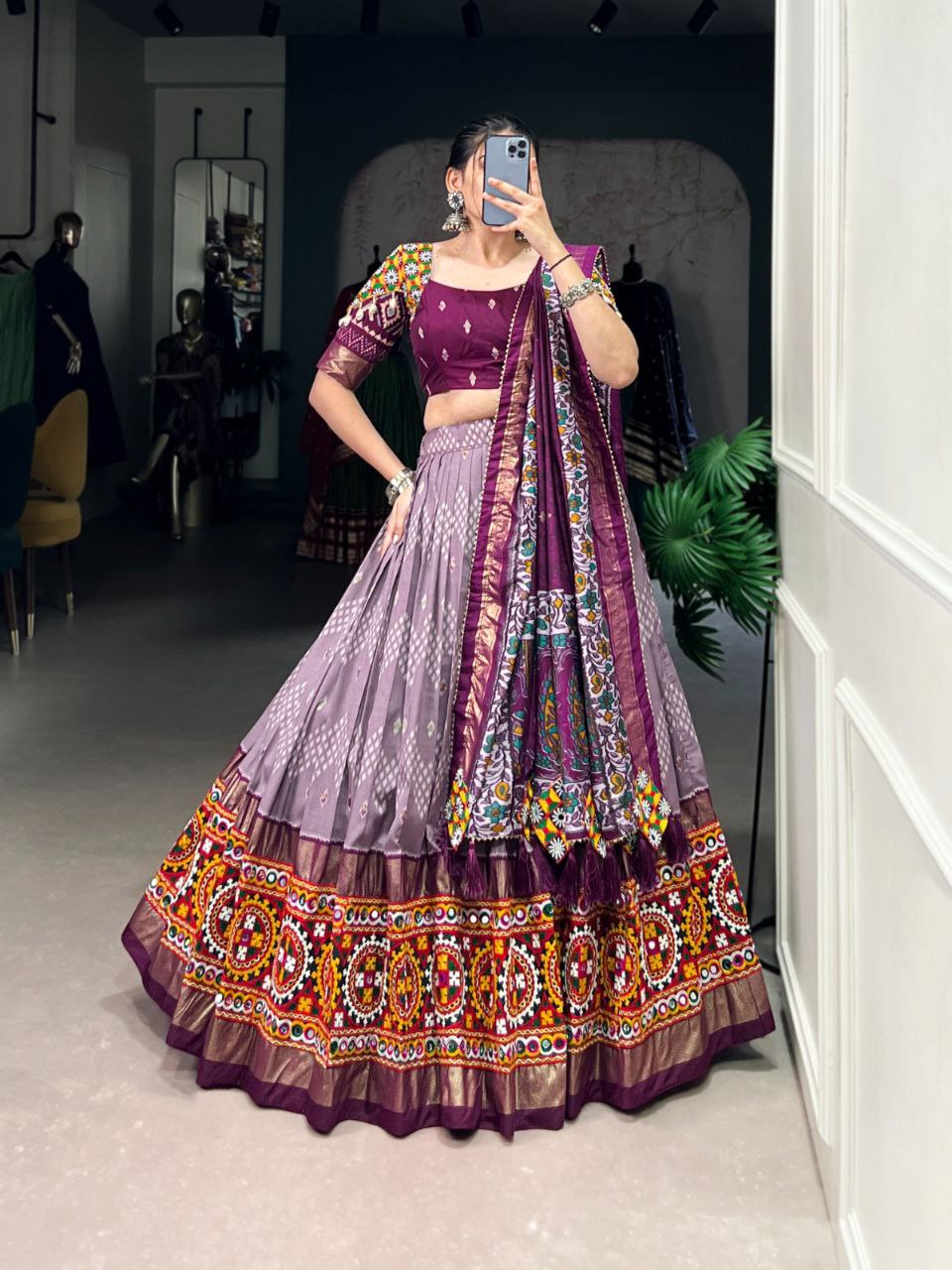 Dusty Purple and Multicolor Embroidered Navratri Lehenga Choli Set with Patola-Inspired Border