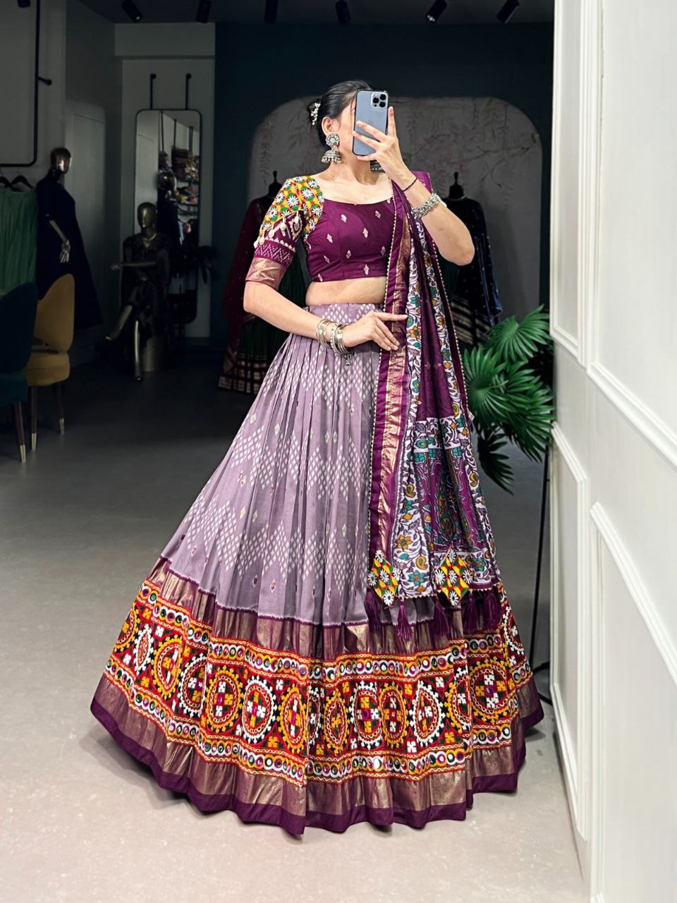 Dusty Purple and Multicolor Embroidered Navratri Lehenga Choli Set with Patola-Inspired Border