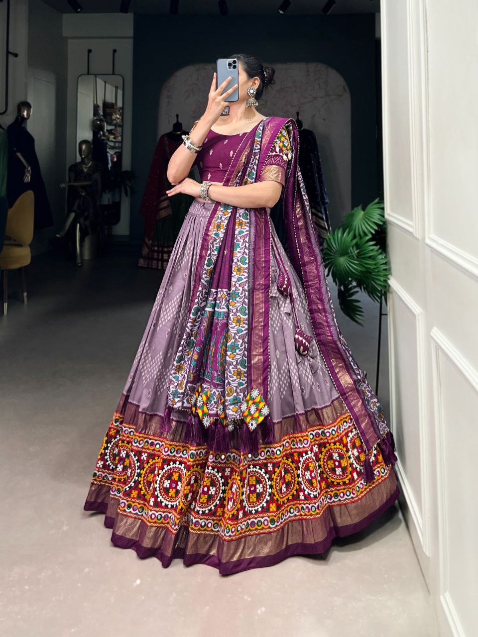 Dusty Purple and Multicolor Embroidered Navratri Lehenga Choli Set with Patola-Inspired Border