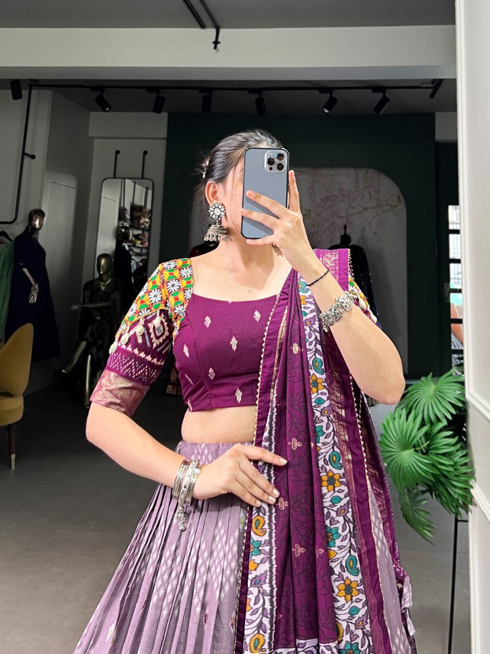 Dusty Purple and Multicolor Embroidered Navratri Lehenga Choli Set with Patola-Inspired Border