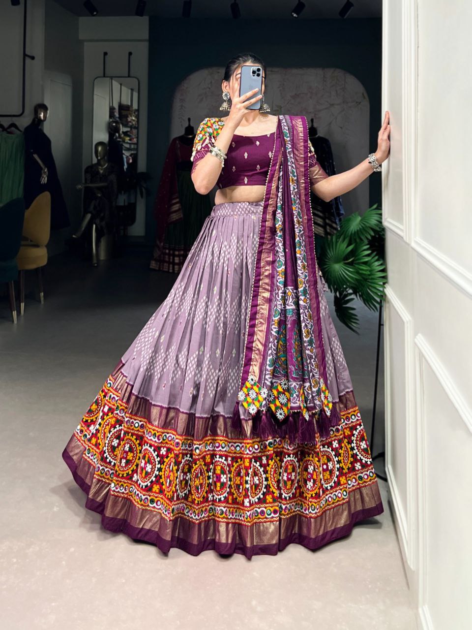 Dusty Purple and Multicolor Embroidered Navratri Lehenga Choli Set with Patola-Inspired Border