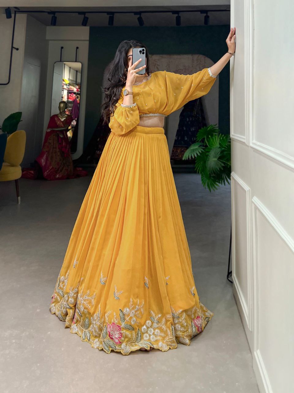 Mustard Yellow Pleated Skirt and Pearl Work Crop Top Co-ord Set – Festive Fusion Wear