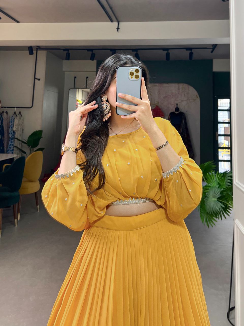 Mustard Yellow Pleated Skirt and Pearl Work Crop Top Co-ord Set – Festive Fusion Wear