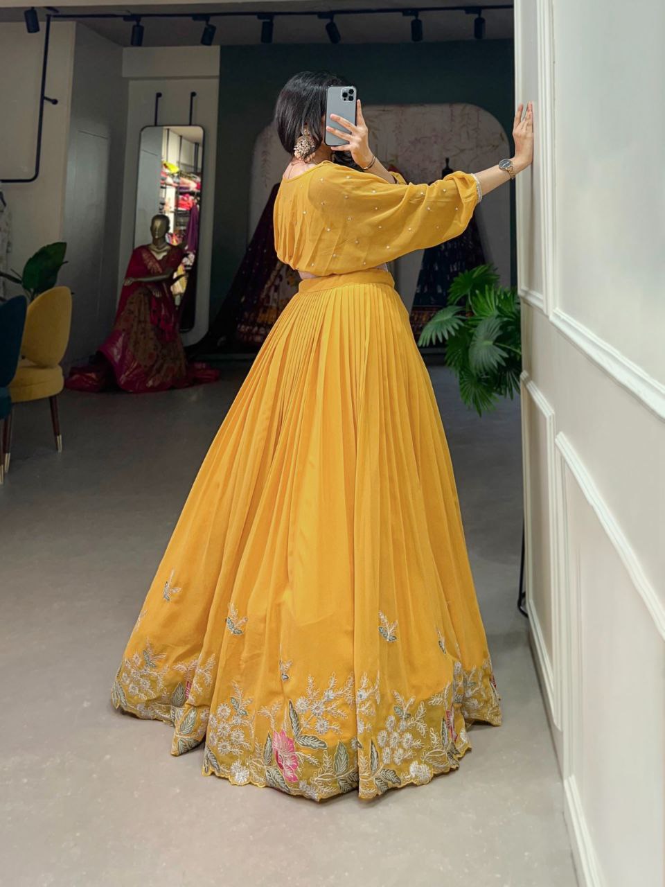 Mustard Yellow Pleated Skirt and Pearl Work Crop Top Co-ord Set – Festive Fusion Wear
