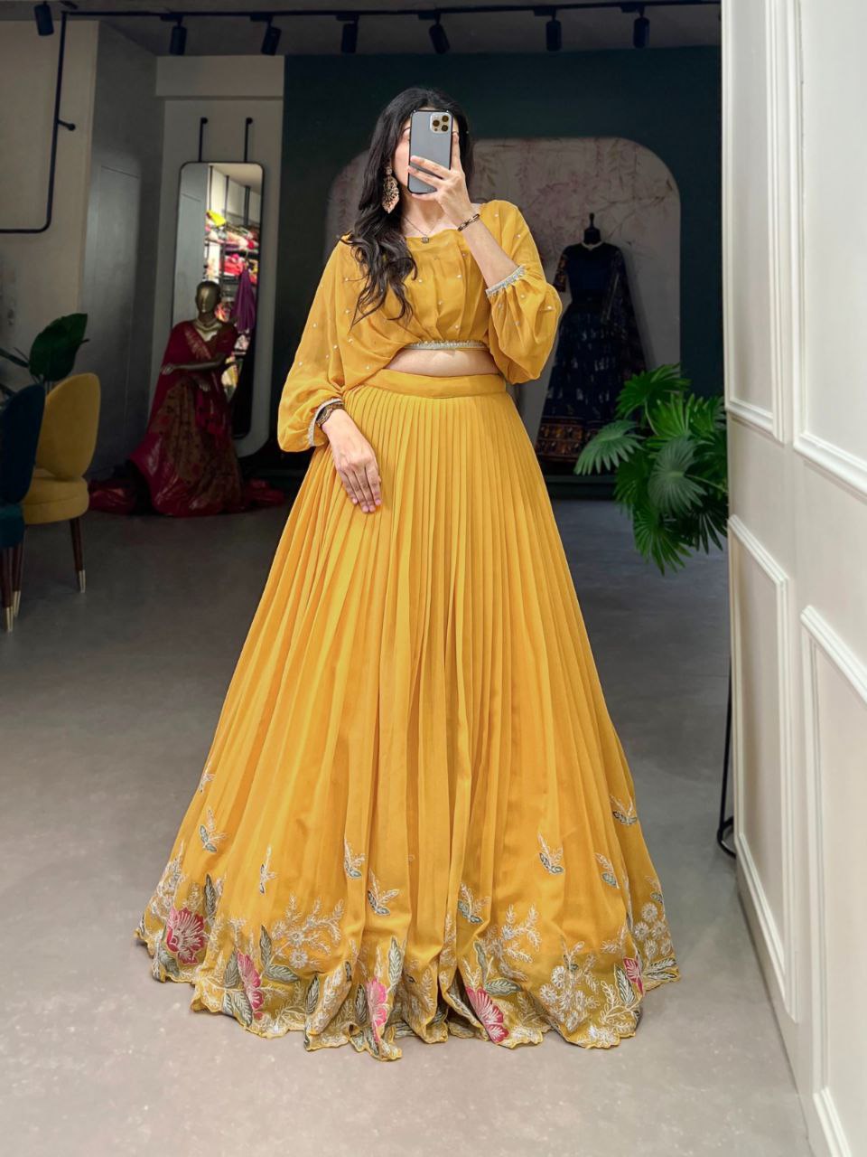 Mustard Yellow Pleated Skirt and Pearl Work Crop Top Co-ord Set – Festive Fusion Wear
