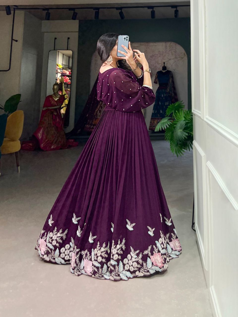 Wine Purple Pleated Skirt and Pearl Embellished Crop Top Co-ord Set – Elegant Indo-Western Look