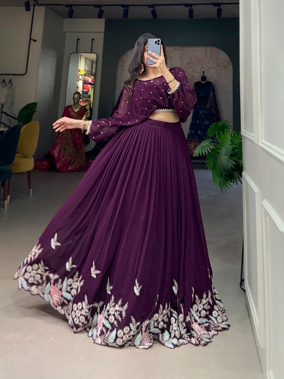 Wine Purple Pleated Skirt and Pearl Embellished Crop Top Co-ord Set – Elegant Indo-Western Look