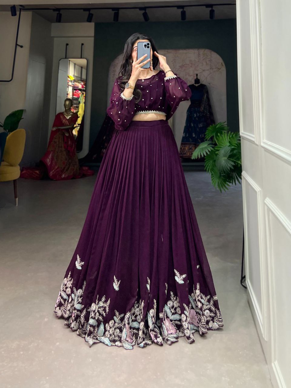 Wine Purple Pleated Skirt and Pearl Embellished Crop Top Co-ord Set – Elegant Indo-Western Look