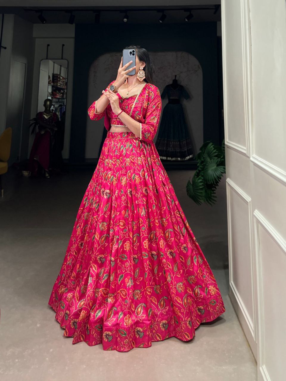Hot Pink Floral Zari Weaving Lehenga Choli Set – Festive Silk Ensemble for Wedding & Navratri
