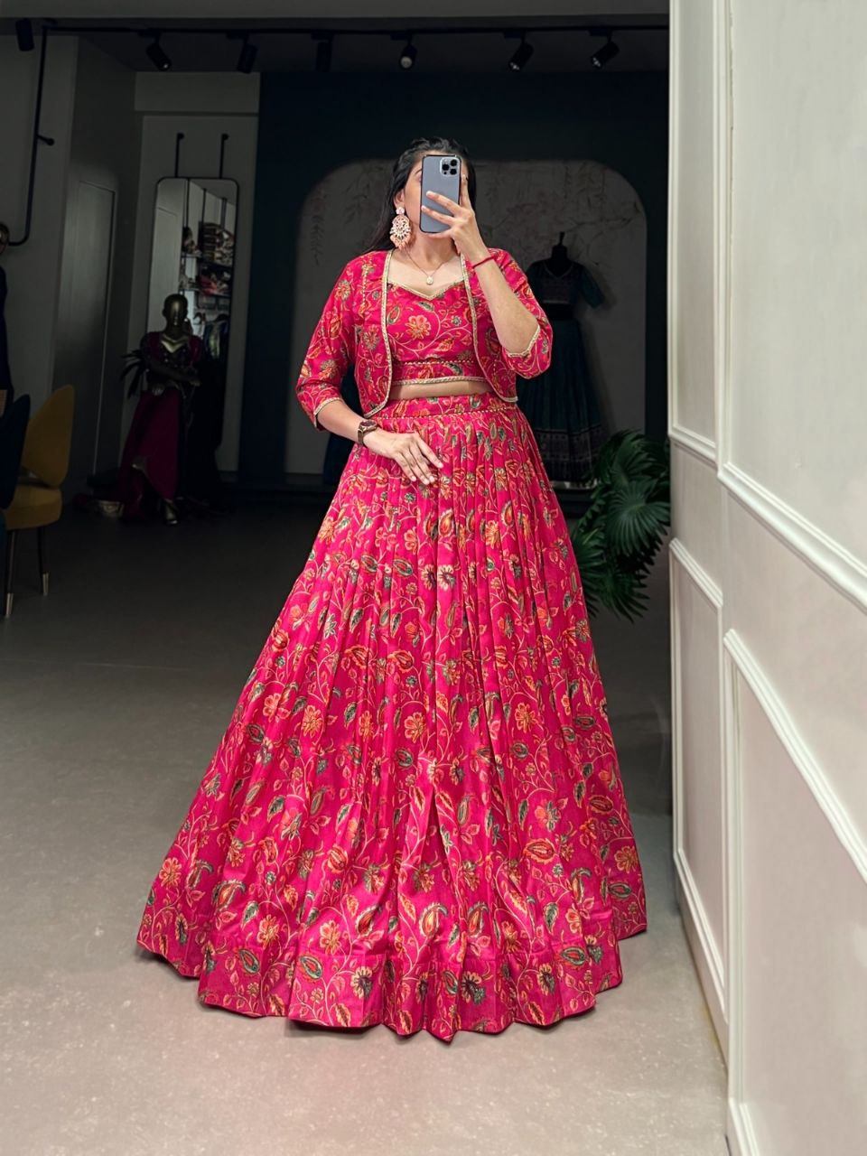 Hot Pink Floral Zari Weaving Lehenga Choli Set – Festive Silk Ensemble for Wedding & Navratri