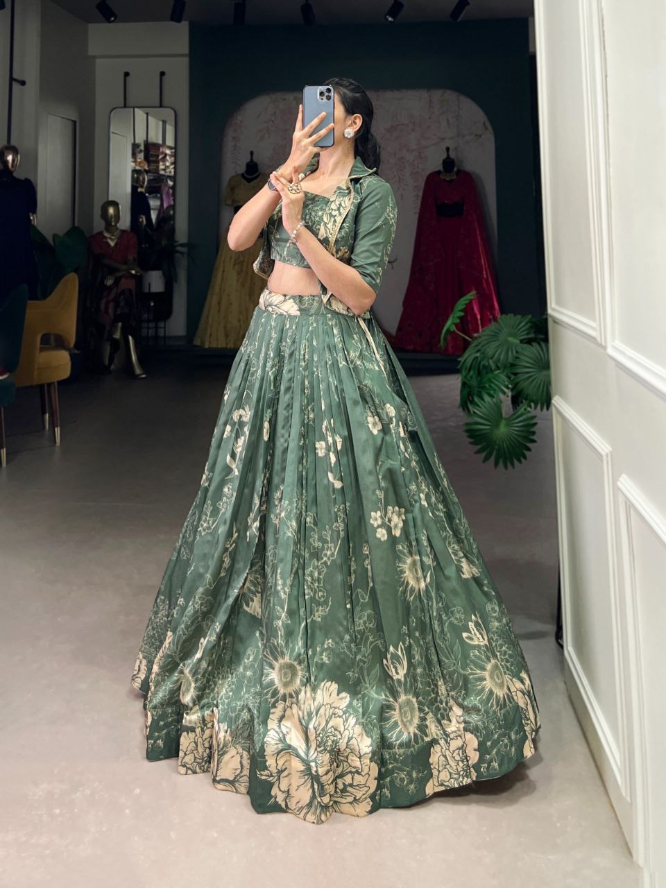 Floral Print Silk Lehenga Choli with Matching Jacket – Elegant Contemporary Festive Wear